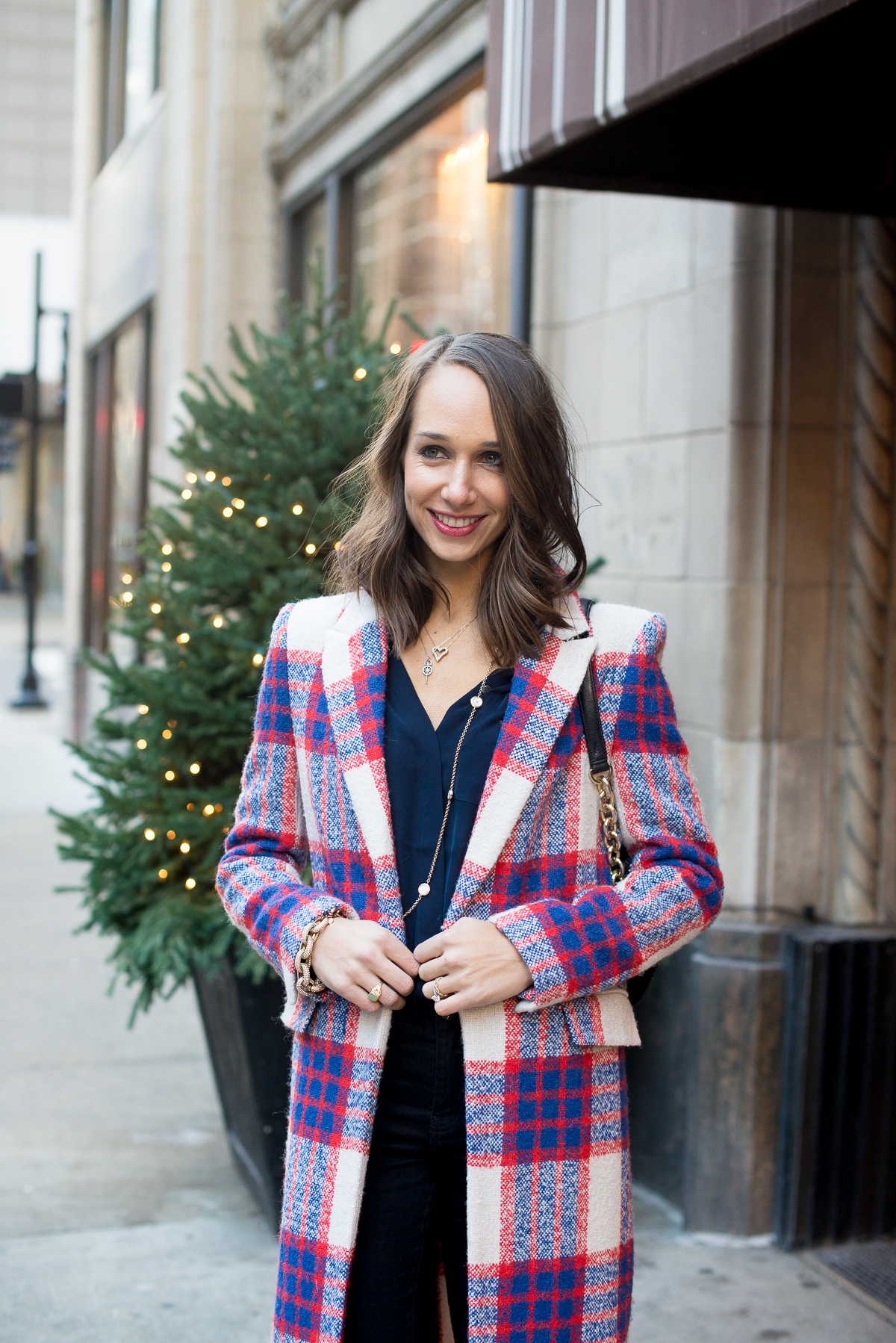 plaid coat, silk blouse, winter outfit, women's fashion, blair culwell, the fox and she