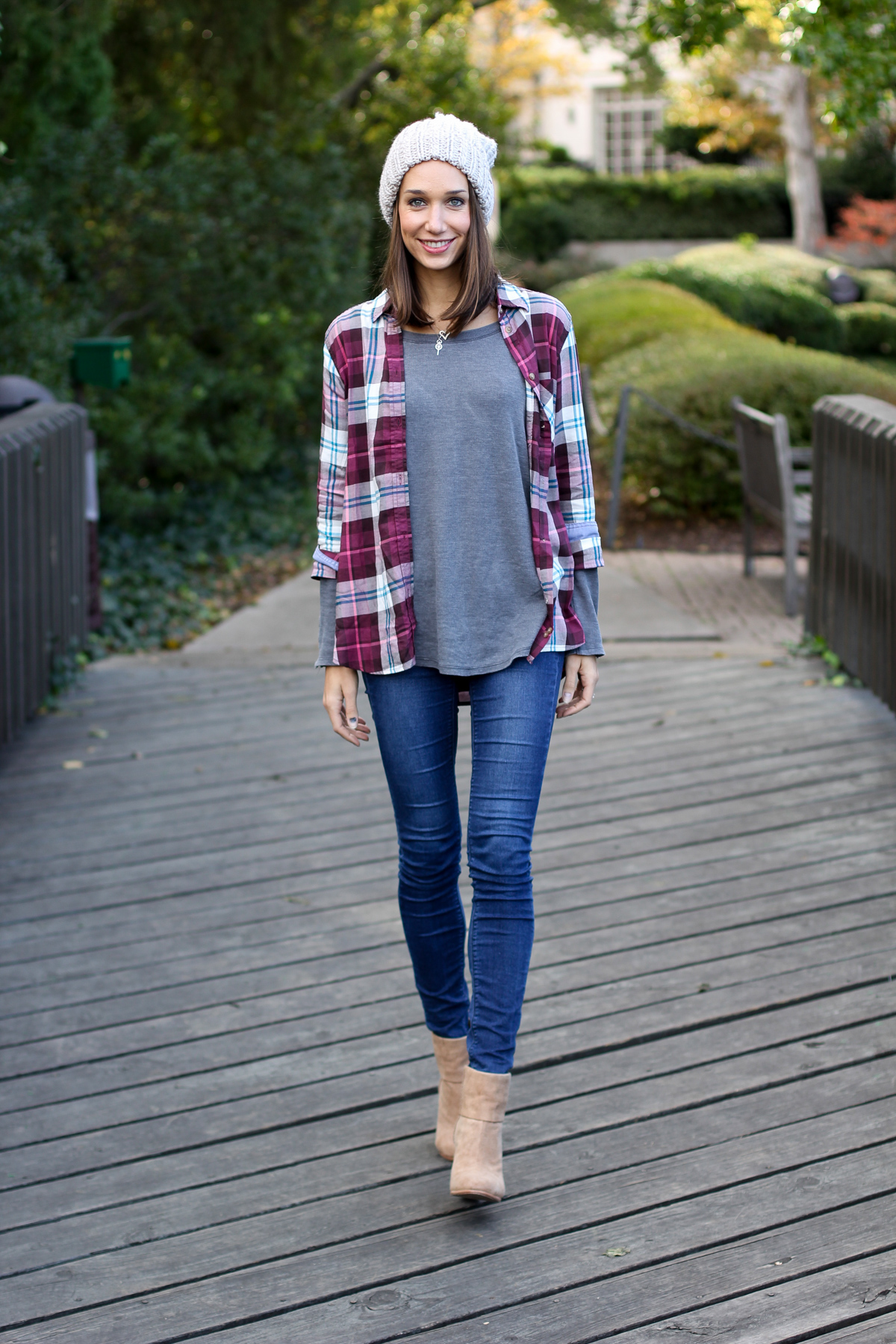 aeo plaid shirt, plaid button down, thermal tee, chunky beanie, the fox and she, women's fashion