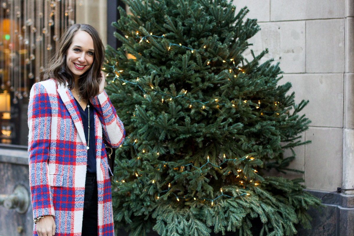 plaid coat, silk blouse, winter outfit, women's fashion, blair culwell, the fox and she