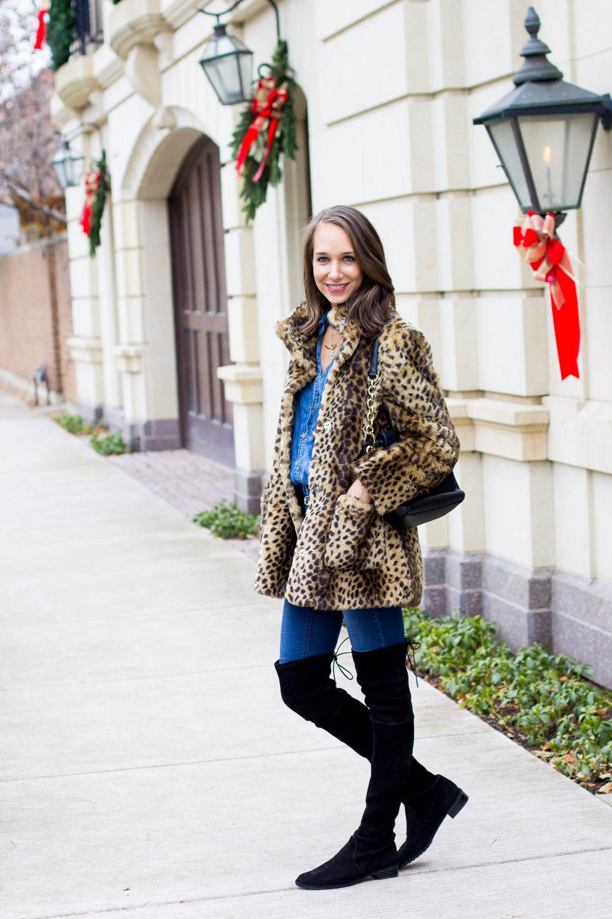 laws of layering, gorjana necklace, leopard coat, over the knee boots, women's fashion, the fox and she