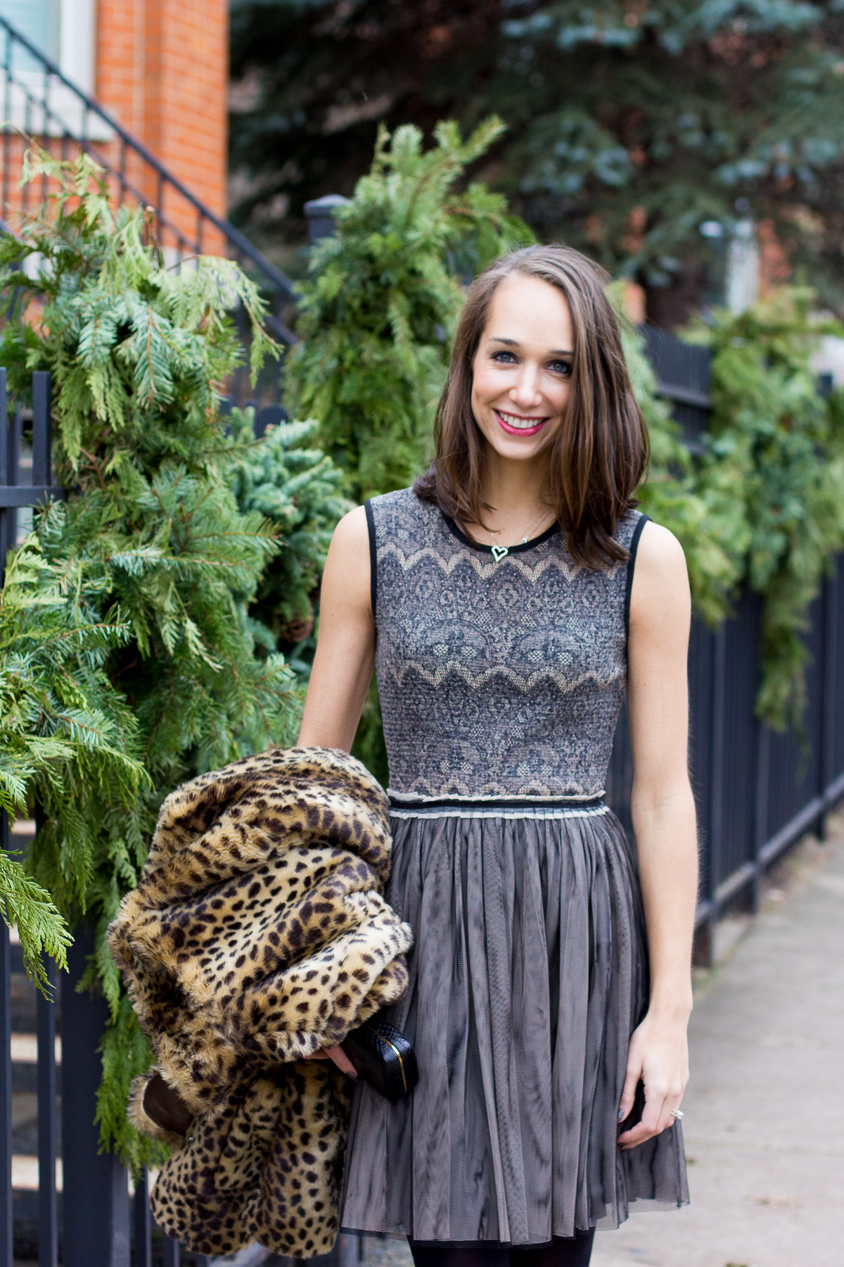lace holiday dress, holiday party outfit, winter look, leopard coat, women's fashion, the fox and she, blair culwell