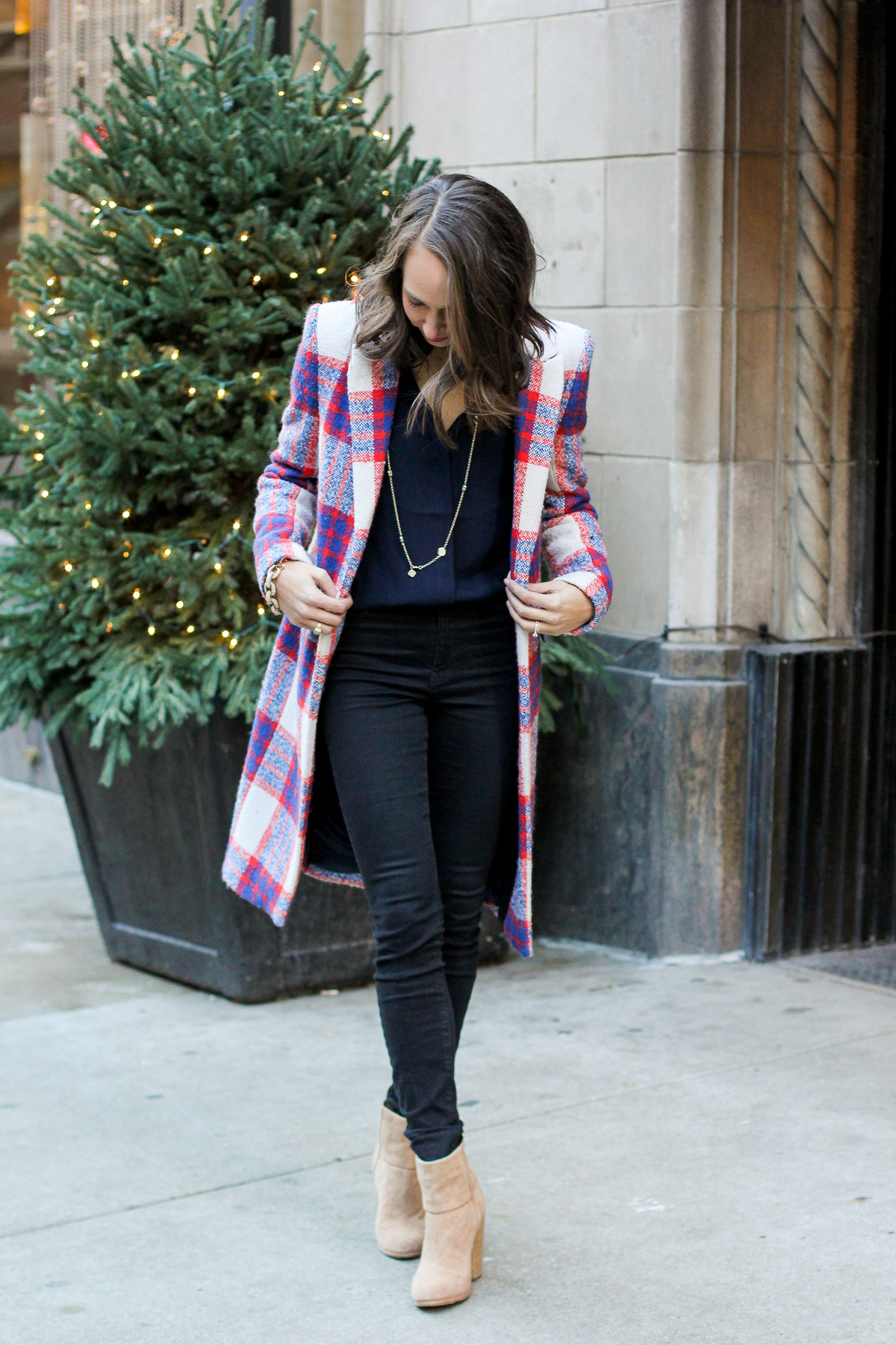 plaid coat, silk blouse, winter outfit, women's fashion, blair culwell, the fox and she
