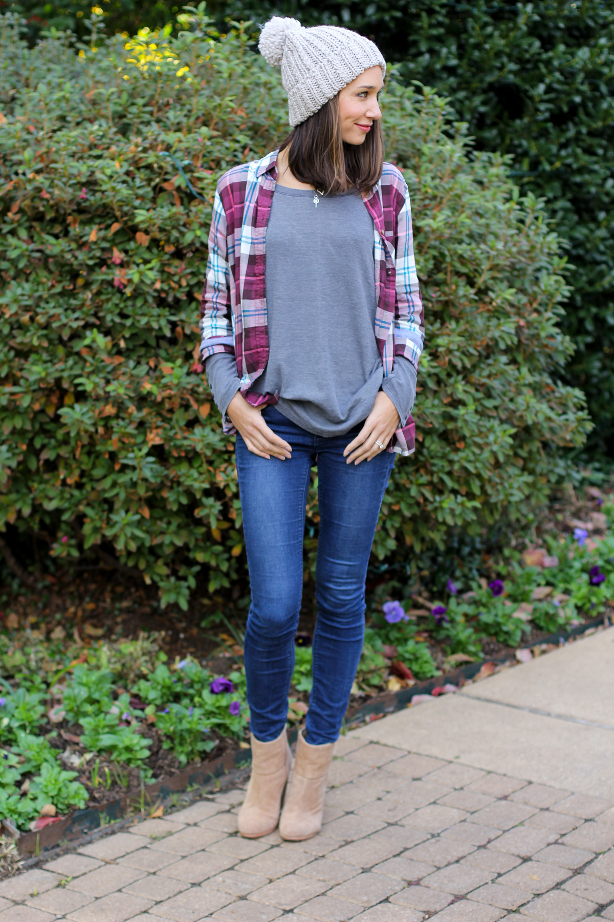 aeo plaid shirt, plaid button down, thermal tee, chunky beanie, the fox and she, women's fashion