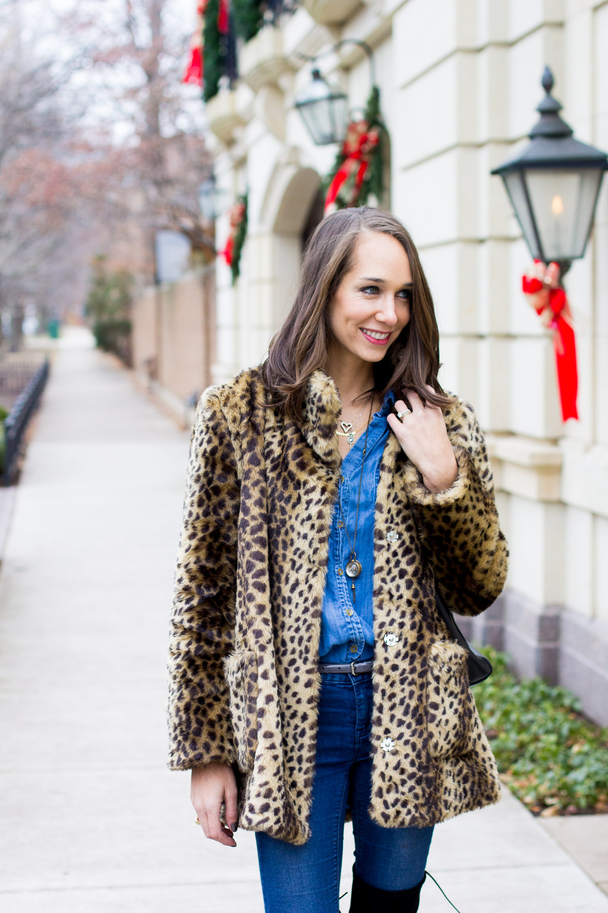 laws of layering, gorjana necklace, leopard coat, over the knee boots, women's fashion, the fox and she