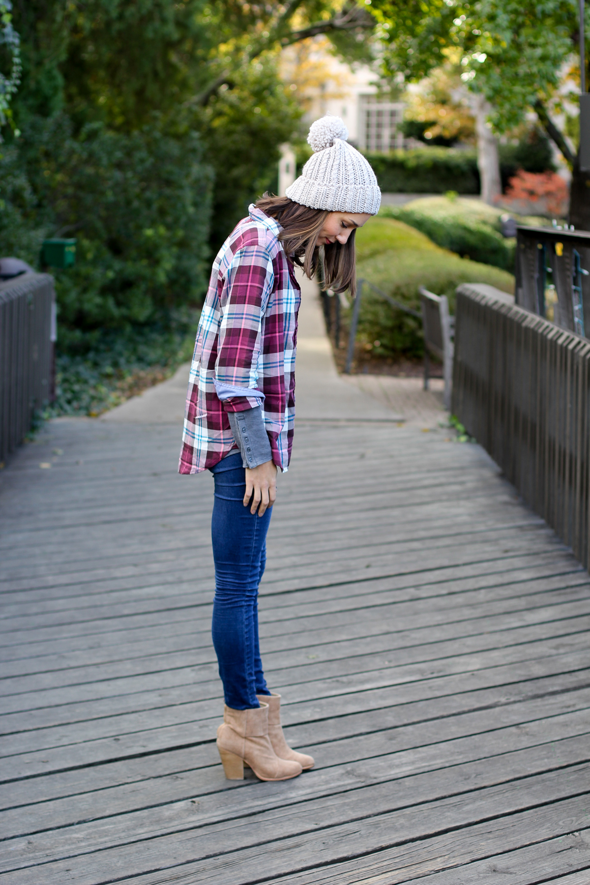 aeo plaid shirt, plaid button down, thermal tee, chunky beanie, the fox and she, women's fashion