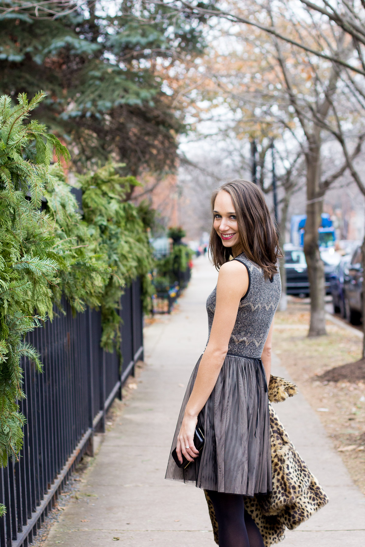 lace holiday dress, holiday party outfit, winter look, leopard coat, women's fashion, the fox and she, blair culwell