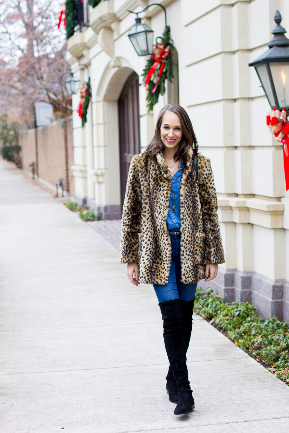 laws of layering, gorjana necklace, leopard coat, over the knee boots, women's fashion, the fox and she