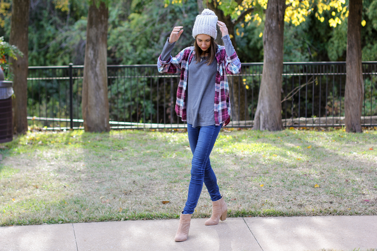 aeo plaid shirt, plaid button down, thermal tee, chunky beanie, the fox and she, women's fashion