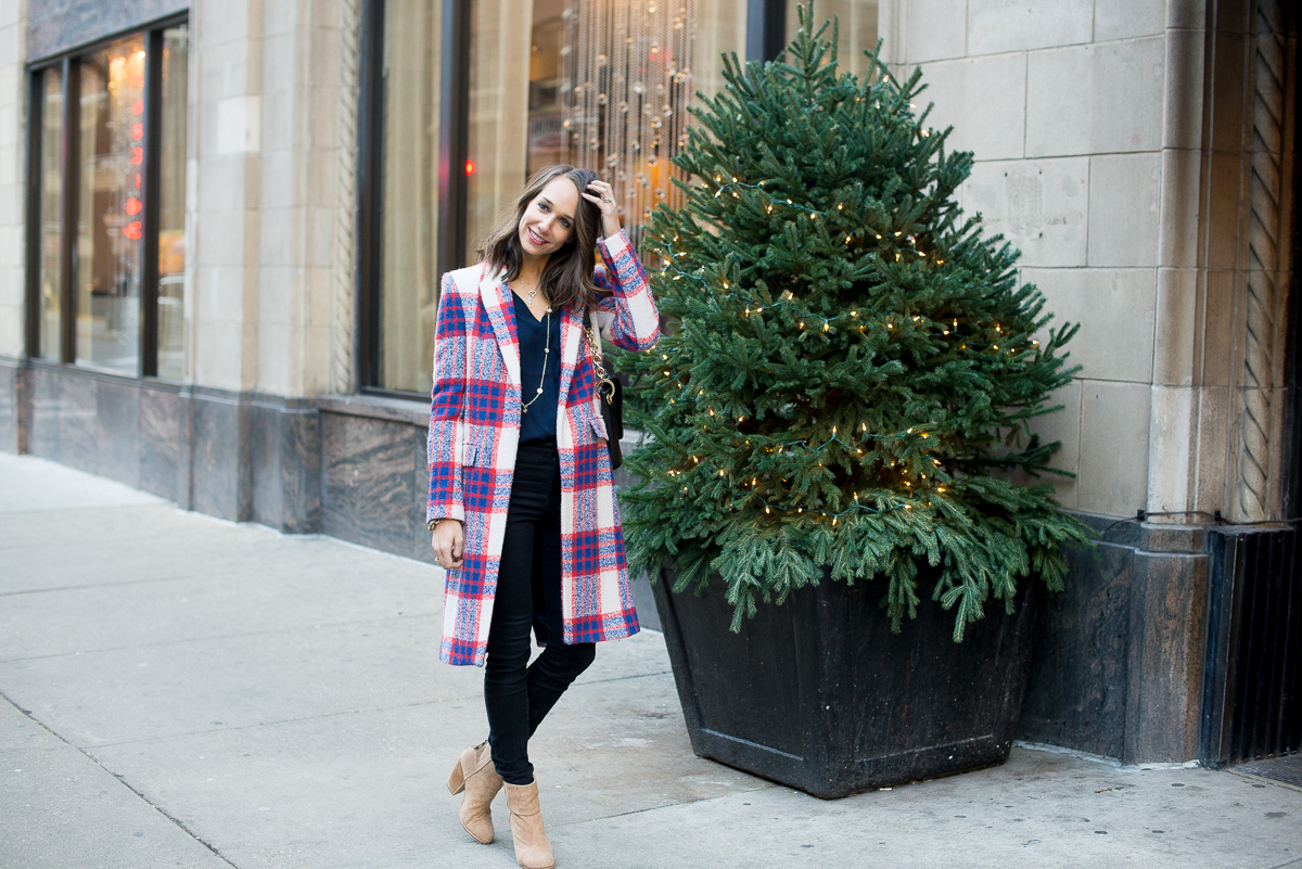 plaid coat, silk blouse, winter outfit, women's fashion, blair culwell, the fox and she