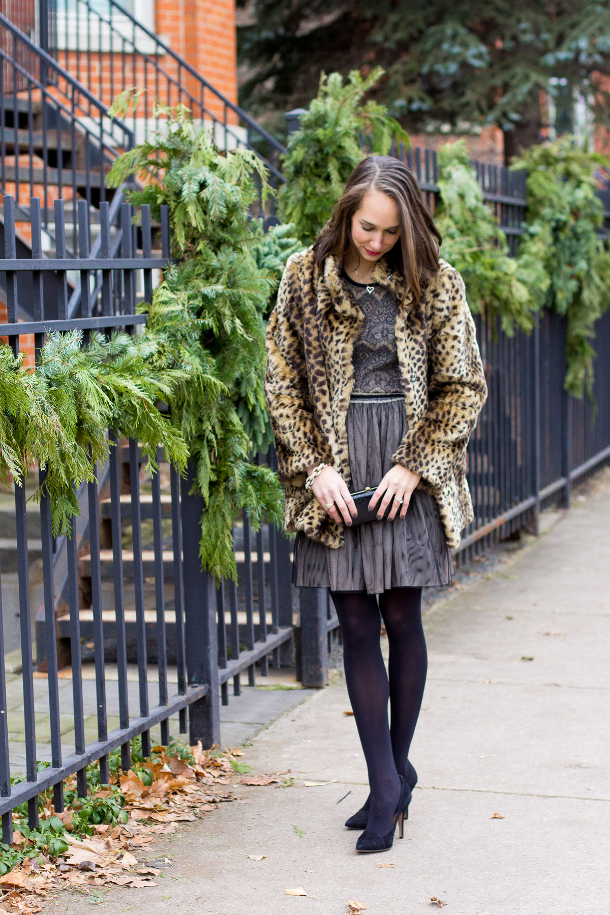 lace holiday dress, holiday party outfit, winter look, leopard coat, women's fashion, the fox and she, blair culwell