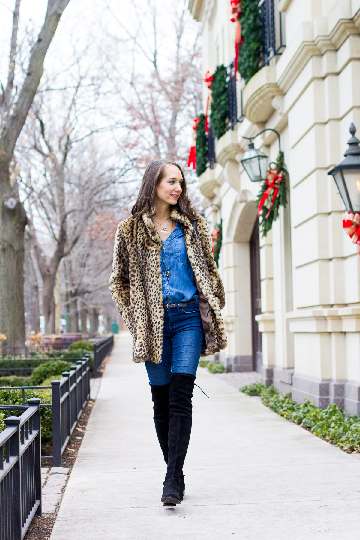 laws of layering, gorjana necklace, leopard coat, over the knee boots, women's fashion, the fox and she