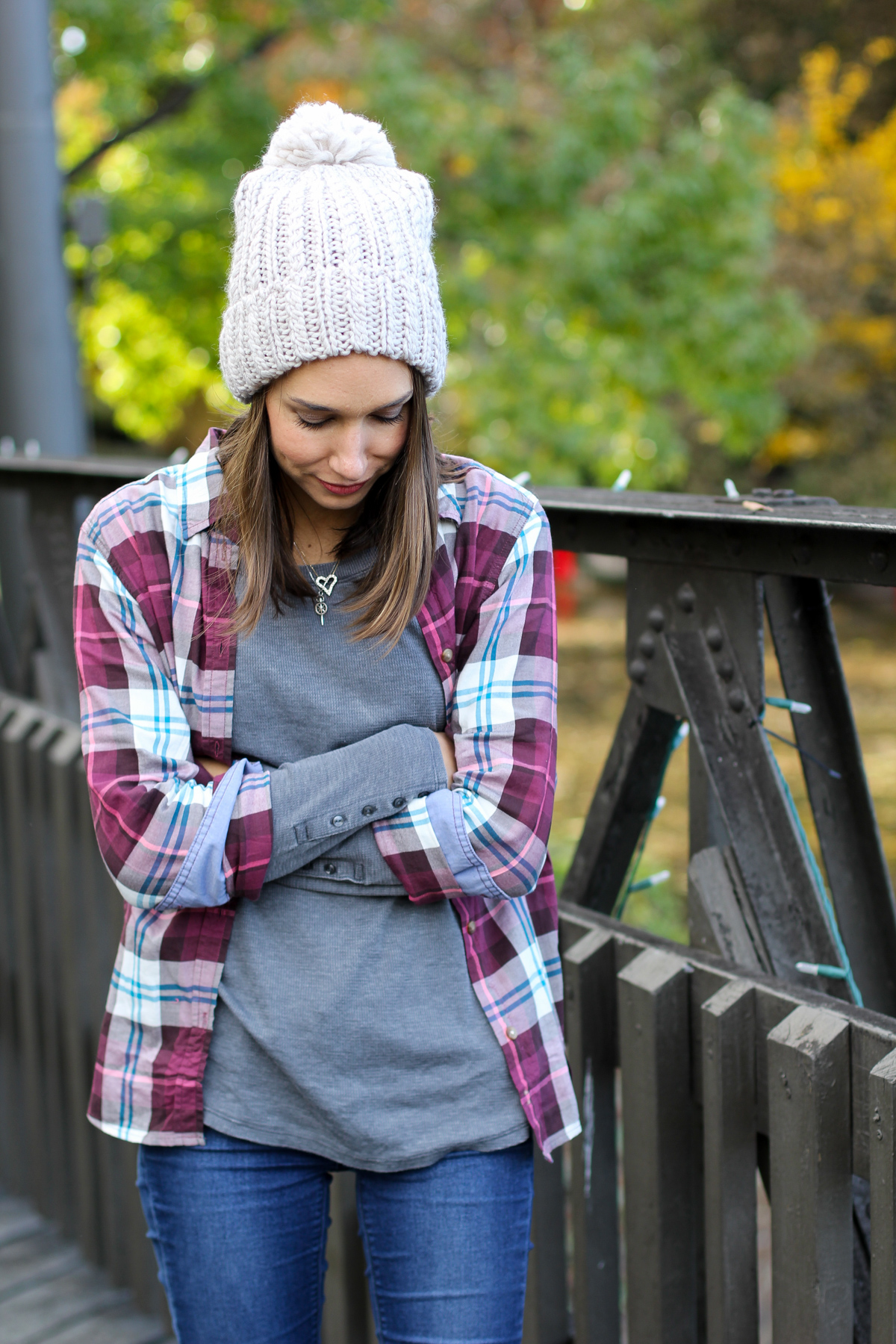 aeo plaid shirt, plaid button down, thermal tee, chunky beanie, the fox and she, women's fashion