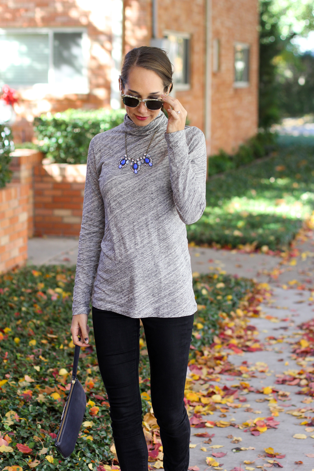 jcrew turtleneck tee, tissue tee, rag and bone newbury boots, black skinny jeans, statement necklace, women's fashion