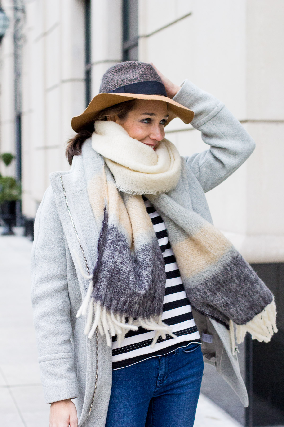 knitted floppy hat, striped tee, oversize scarf, women's fashion, the fox and she,blair culwell