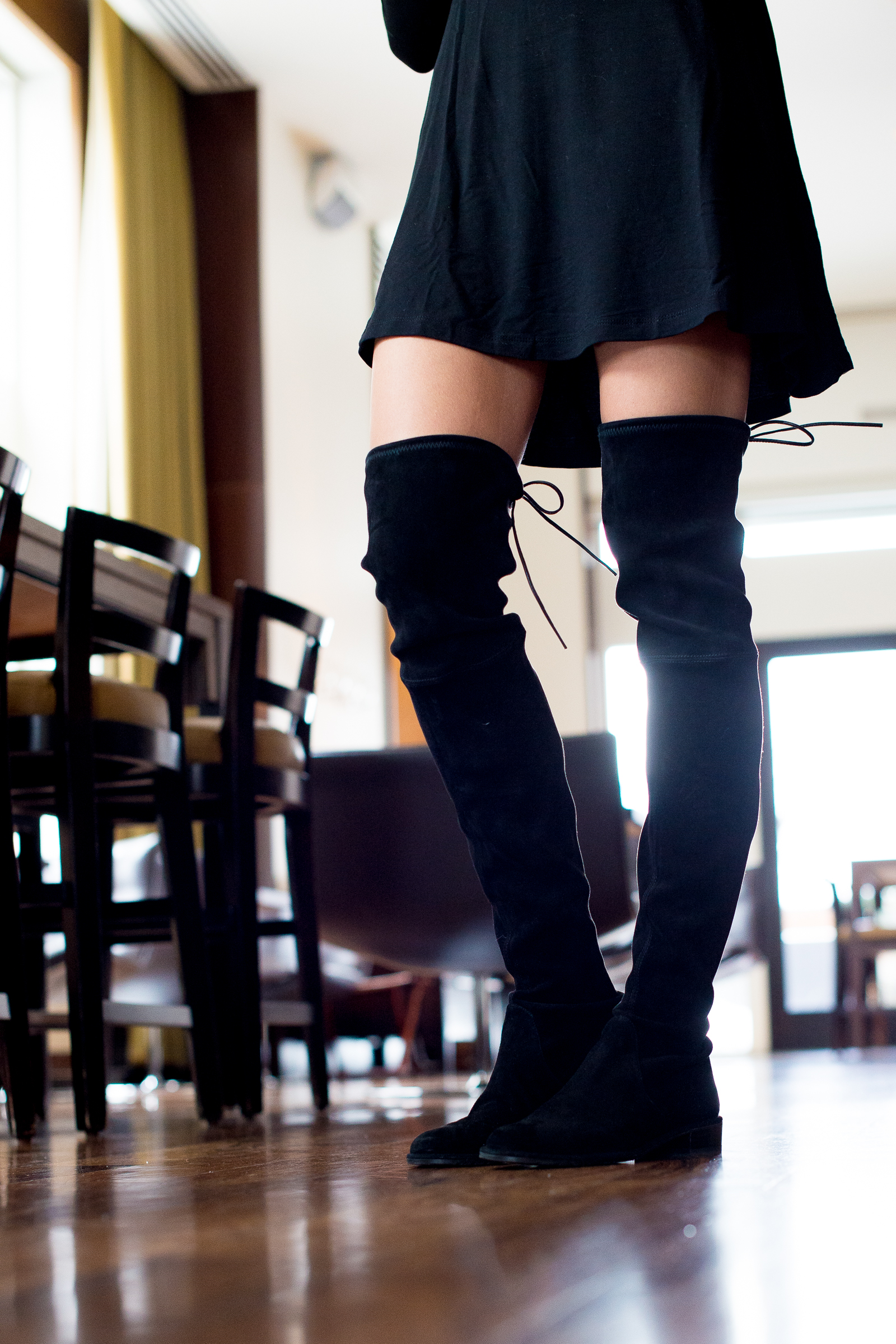 asos swing dress, little black dress, over the knee boots, women's fashion, blair culwell, the fox and she