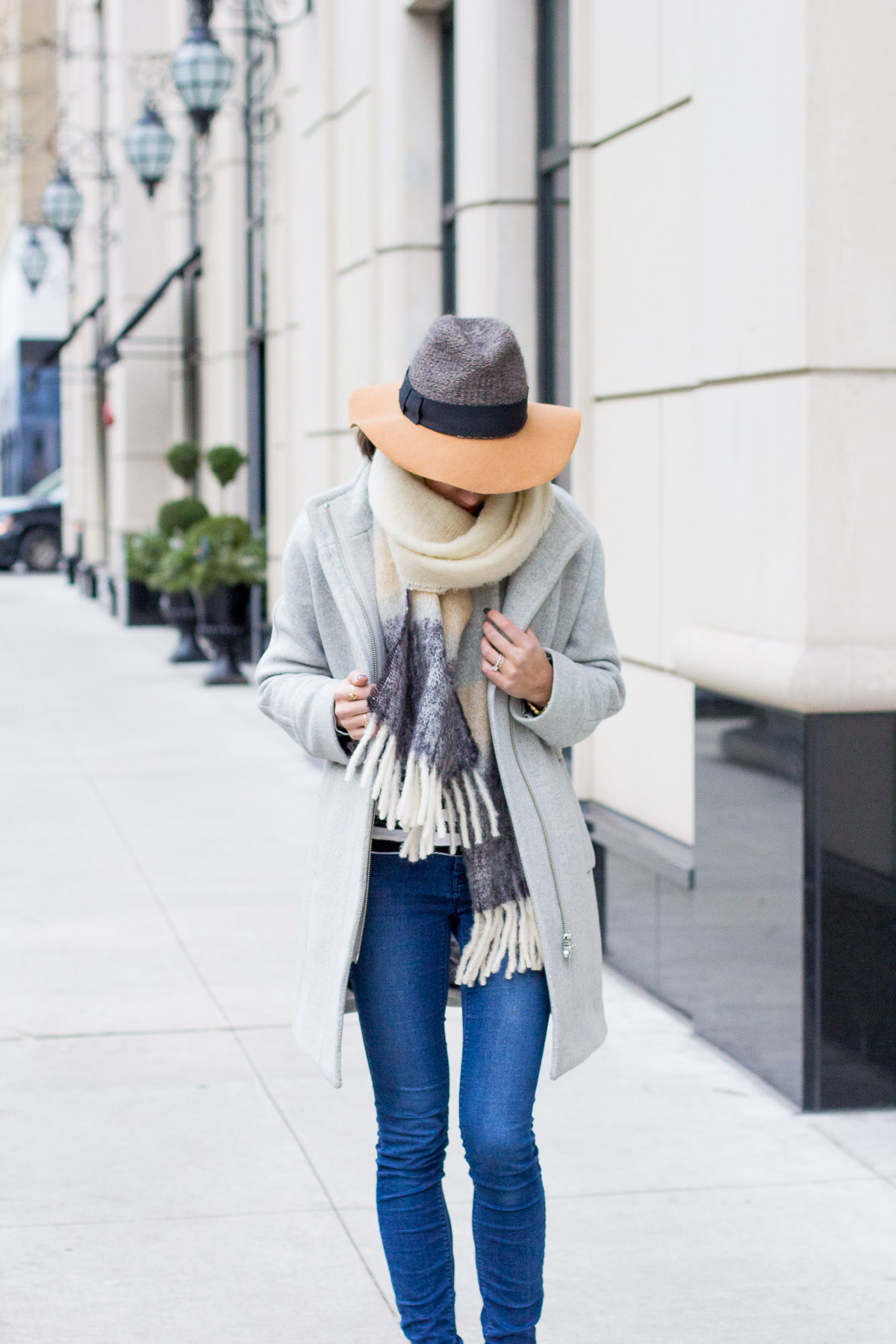 knitted floppy hat, striped tee, oversize scarf, women's fashion, the fox and she,blair culwell