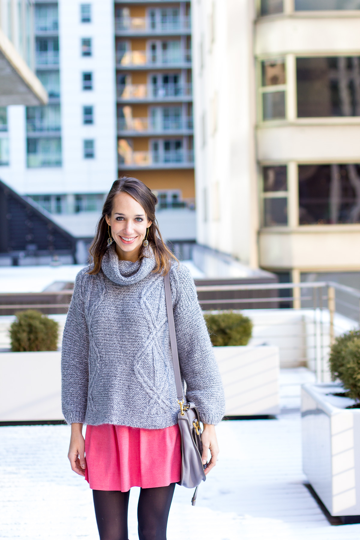 pink skirt winter outfit