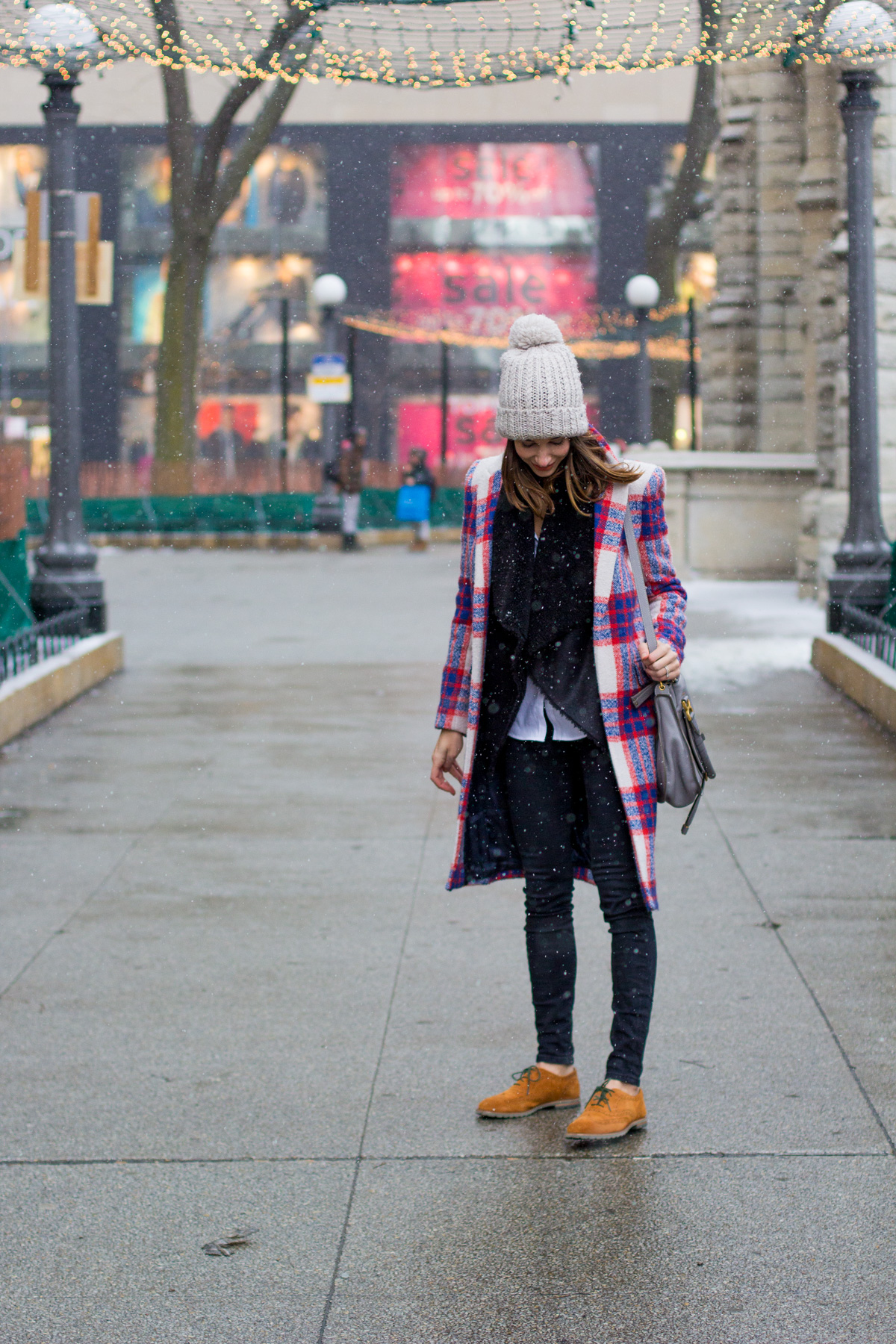 plaid coat, plaid duster, faux fur vest, oxfords, women's fashion, the fox and she