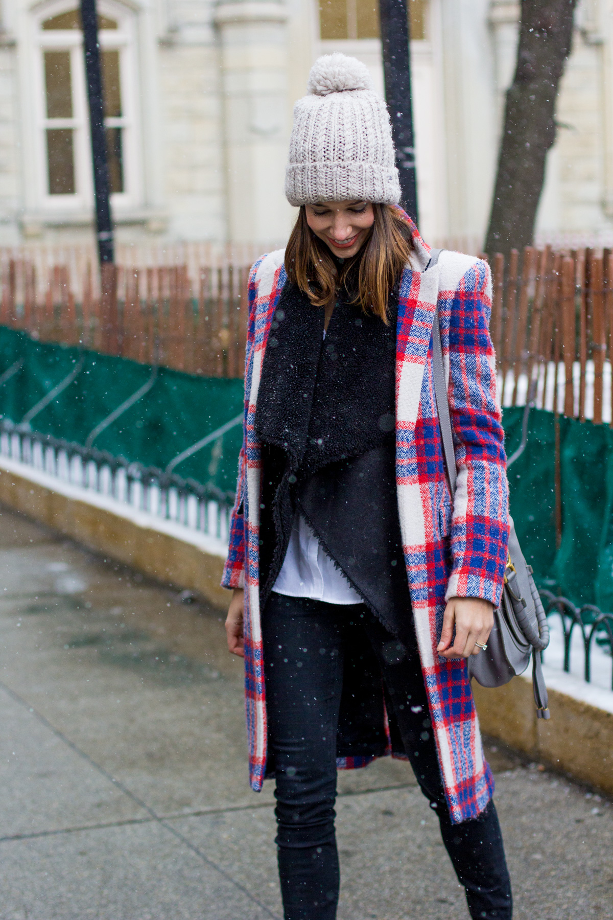 plaid coat, plaid duster, faux fur vest, oxfords, women's fashion, the fox and she
