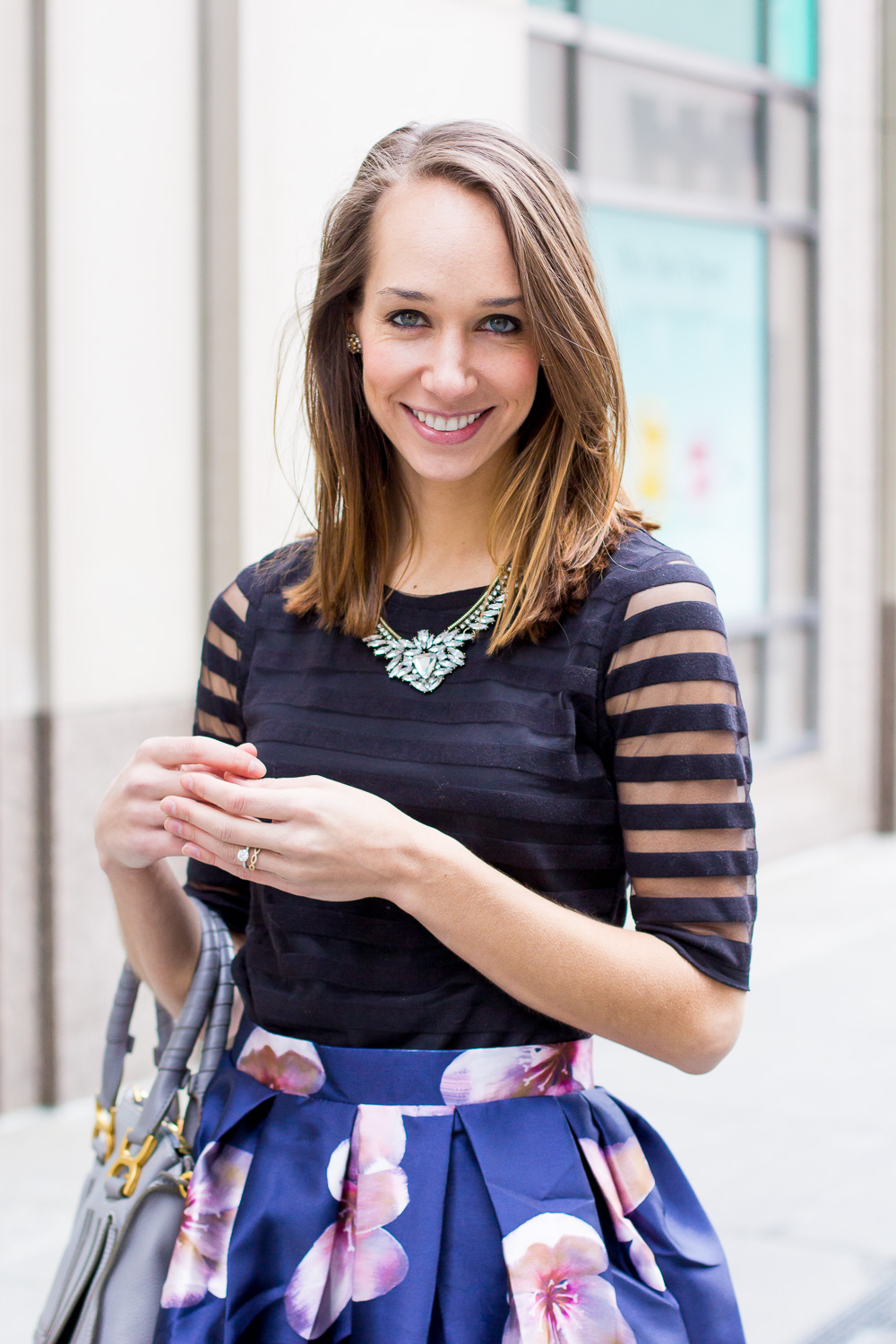 floral midi skirt, striped tee, statement necklace elsie heels, nude pumps, blair staky, the fox and she
