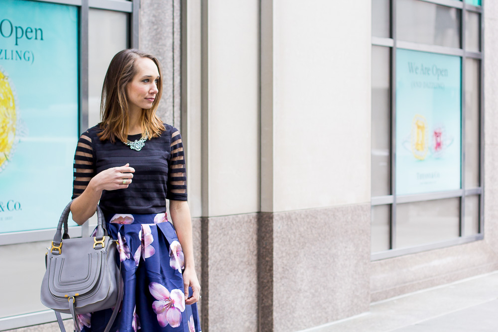 floral midi skirt, striped tee, statement necklace elsie heels, nude pumps, blair staky, the fox and she