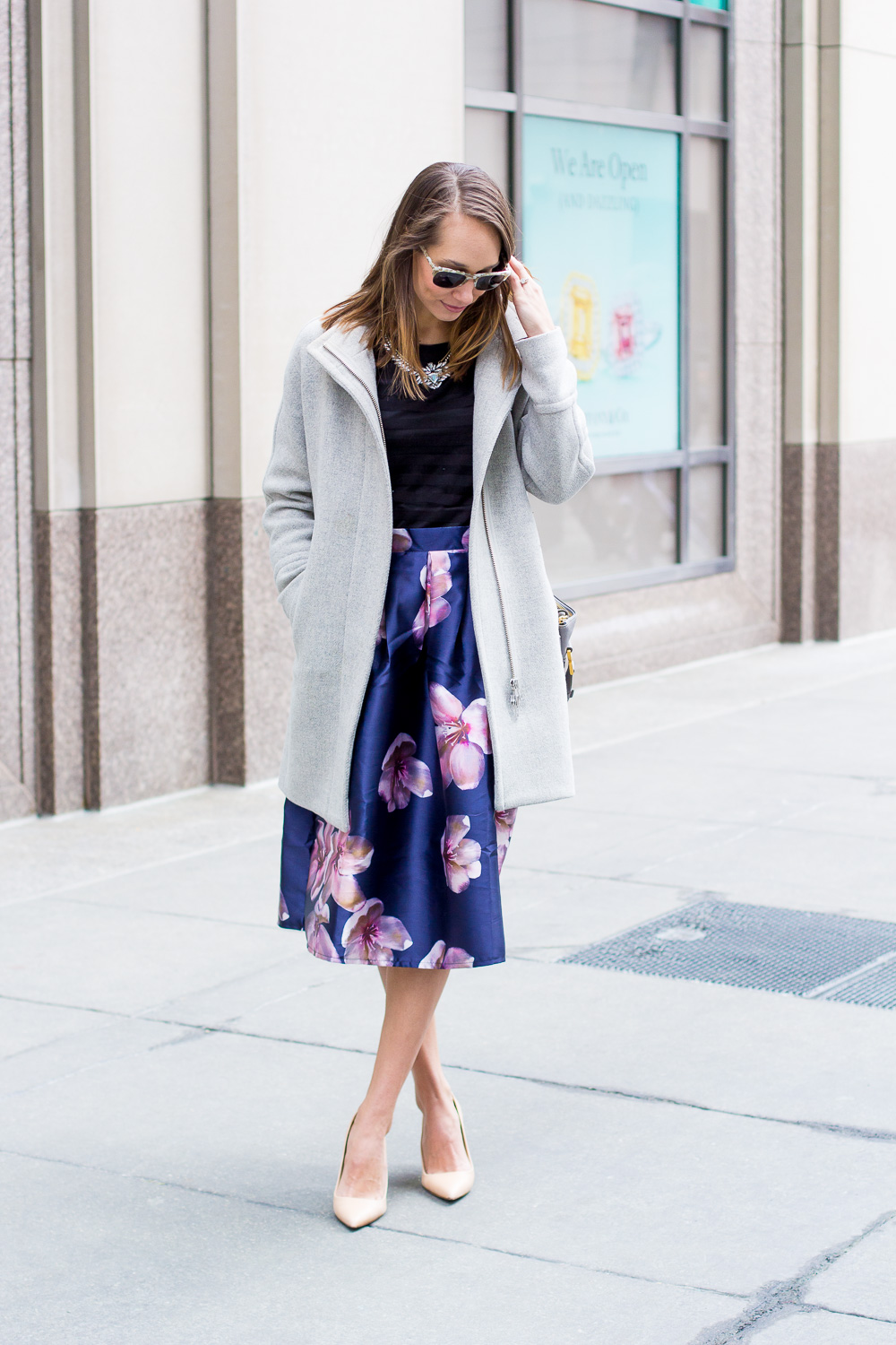 floral midi skirt, striped tee, statement necklace elsie heels, nude pumps, blair staky, the fox and she