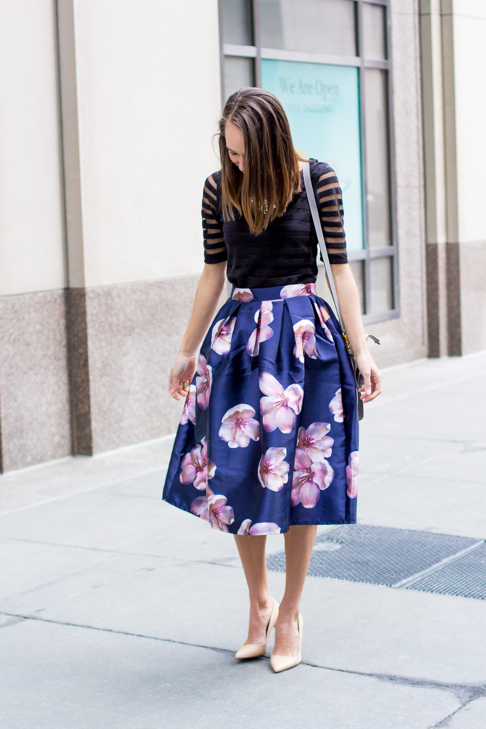 floral midi skirt, striped tee, statement necklace elsie heels, nude pumps, blair staky, the fox and she