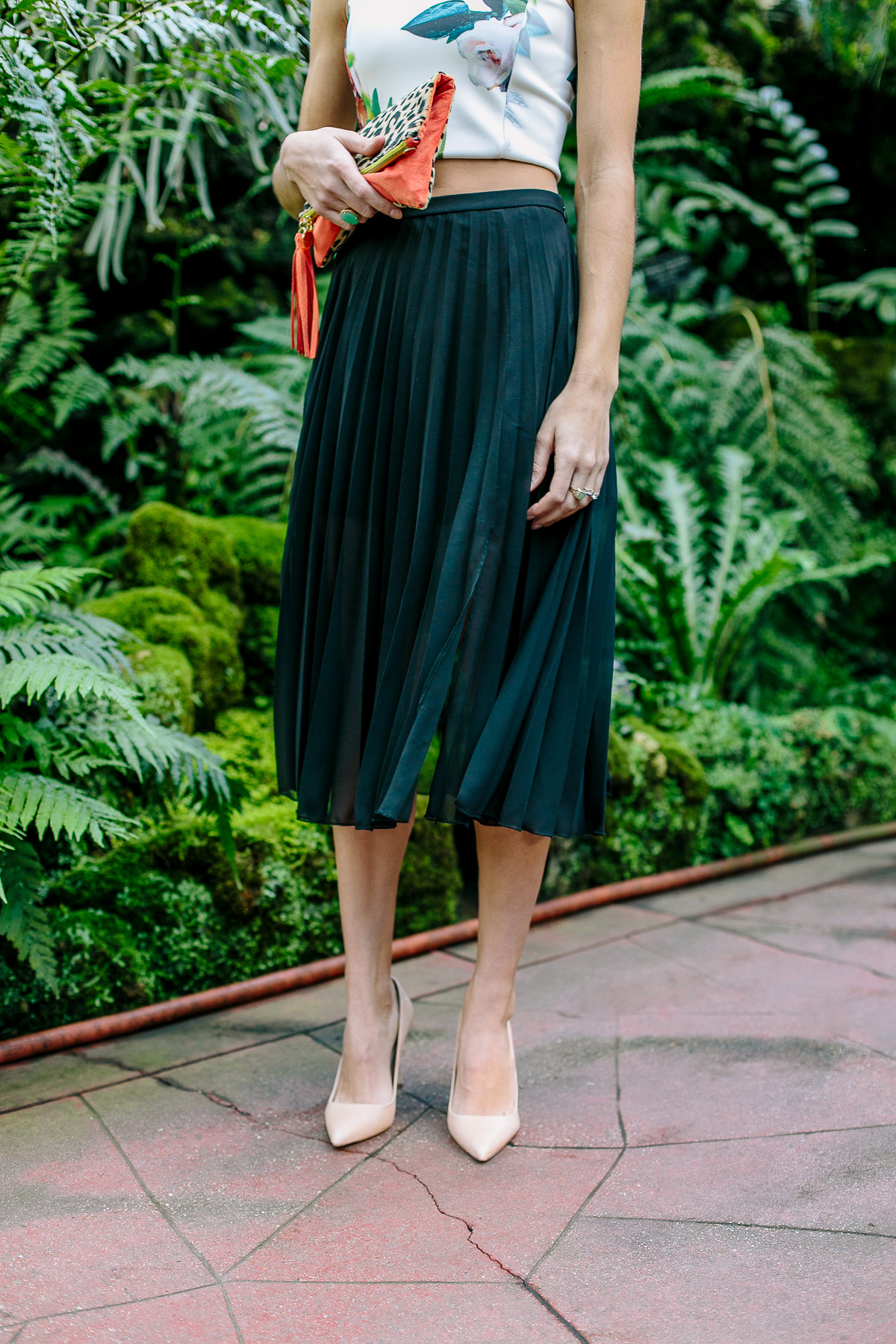 gaia bag, floral crop top, midi skirt, elsie pumps, the fox and she, blair culwell staky