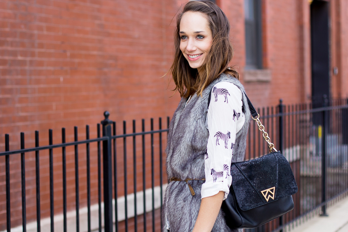 elsie pumps, jcrew elsie pumps, zebra shirt, faux fur vest, blair culwell staky, the fox and she