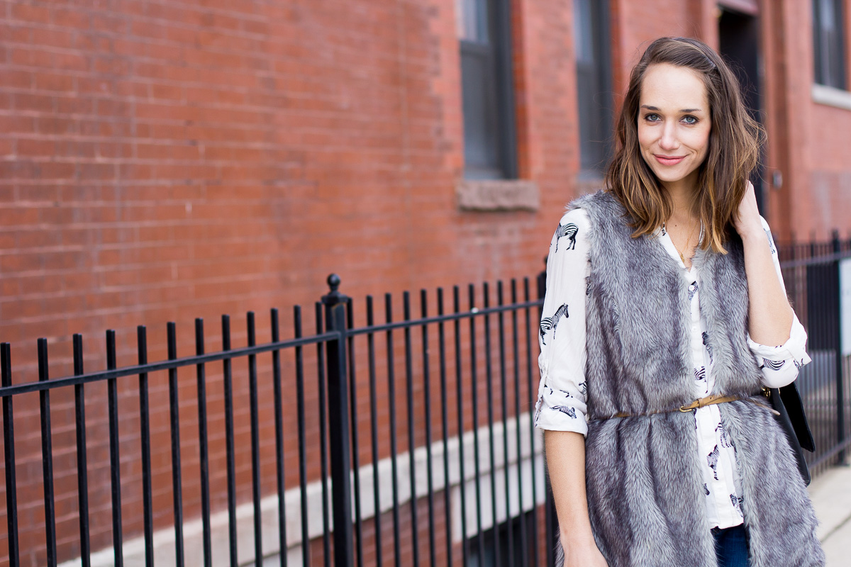 elsie pumps, jcrew elsie pumps, zebra shirt, faux fur vest, blair culwell staky, the fox and she