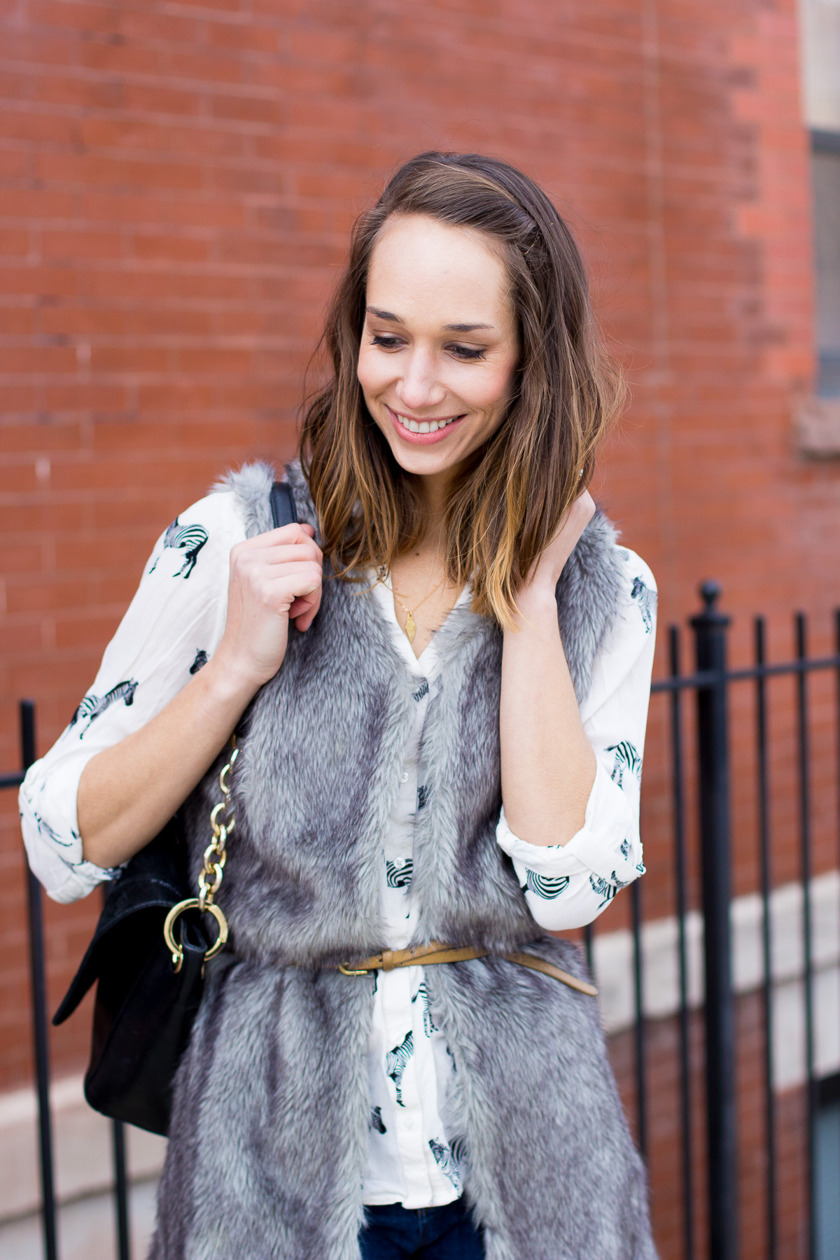 elsie pumps, jcrew elsie pumps, zebra shirt, faux fur vest, blair culwell staky, the fox and she