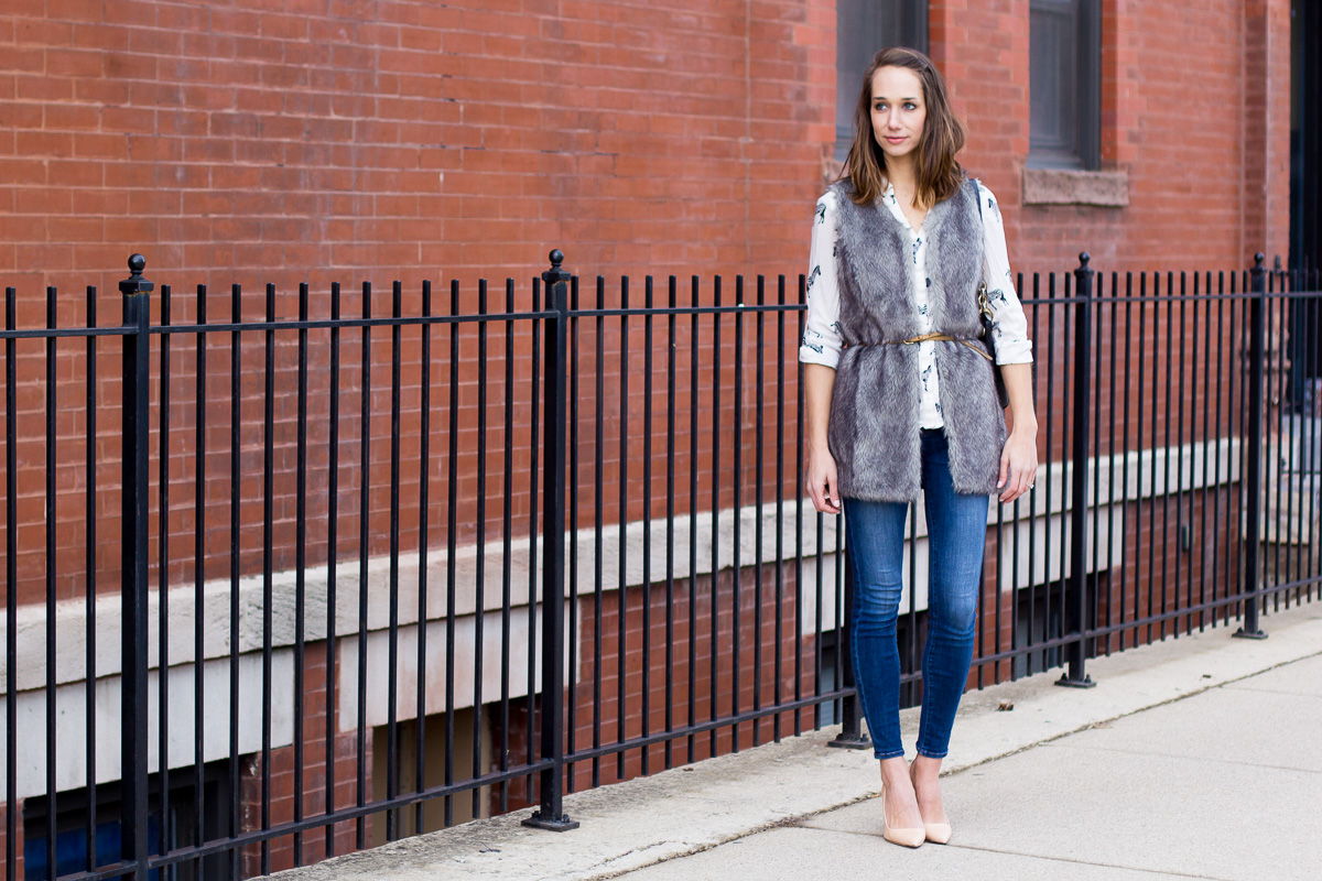 elsie pumps, jcrew elsie pumps, zebra shirt, faux fur vest, blair culwell staky, the fox and she