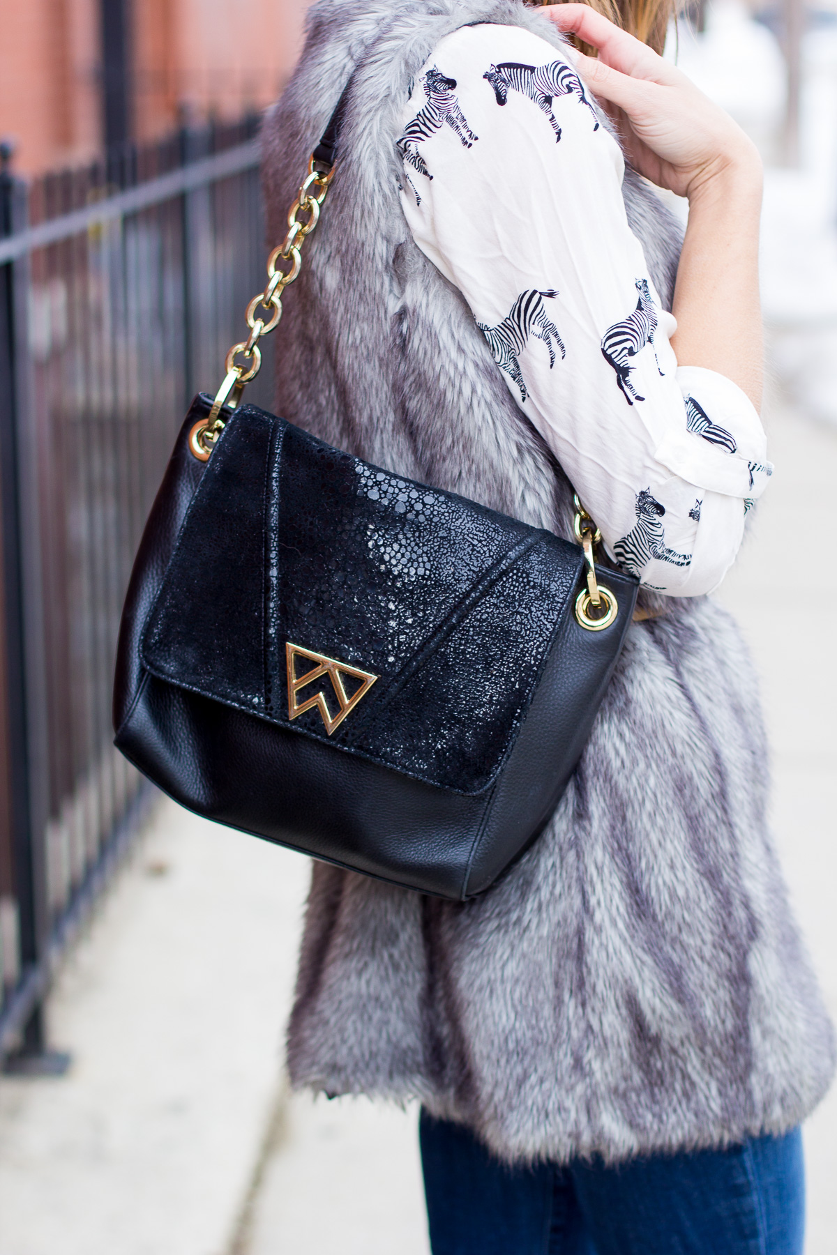 elsie pumps, jcrew elsie pumps, zebra shirt, faux fur vest, blair culwell staky, the fox and she