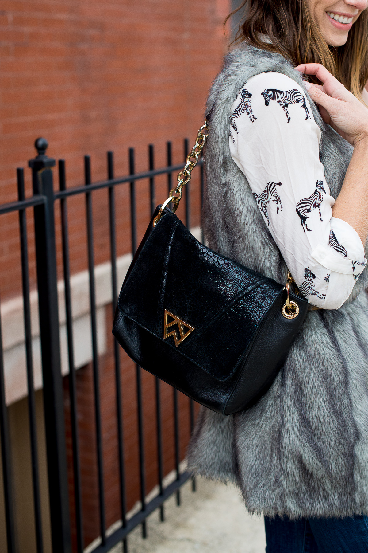 elsie pumps, jcrew elsie pumps, zebra shirt, faux fur vest, blair culwell staky, the fox and she