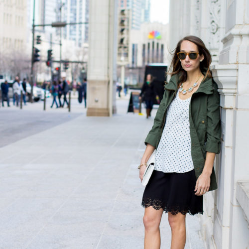 loft on michigan ave, anorak, statement necklace, lasercut skirt, spring outfit, the fox and she, blair staky