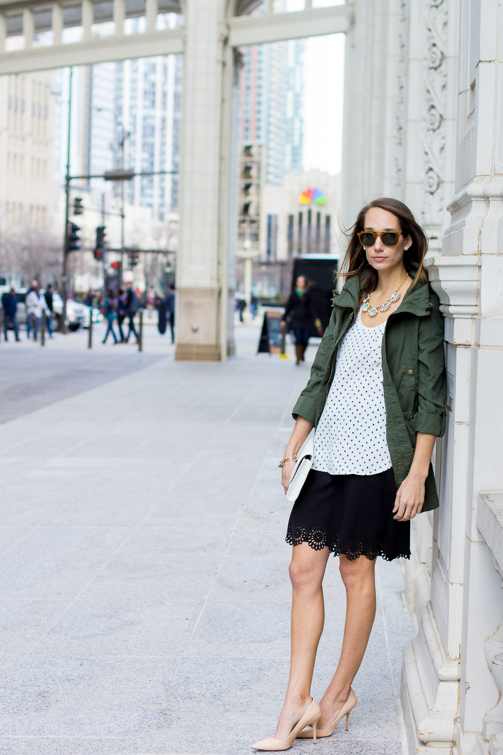 loft on michigan ave, anorak, statement necklace, lasercut skirt, spring outfit, the fox and she, blair staky