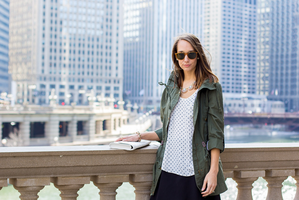 loft on michigan ave, anorak, statement necklace, lasercut skirt, spring outfit, the fox and she, blair staky