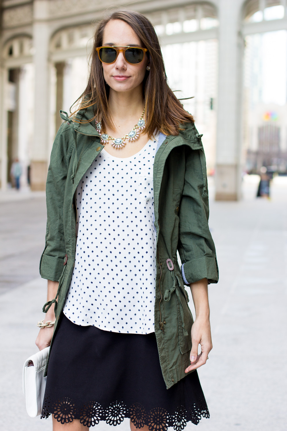 loft on michigan ave, anorak, statement necklace, lasercut skirt, spring outfit, the fox and she, blair staky