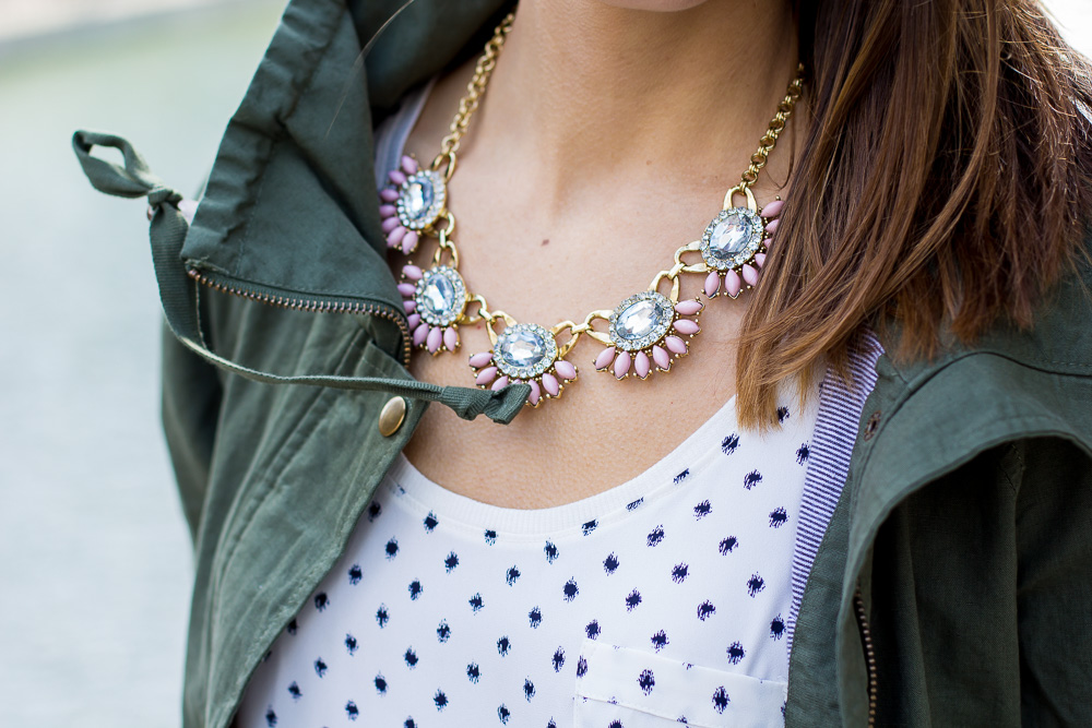 loft on michigan ave, anorak, statement necklace, lasercut skirt, spring outfit, the fox and she, blair staky