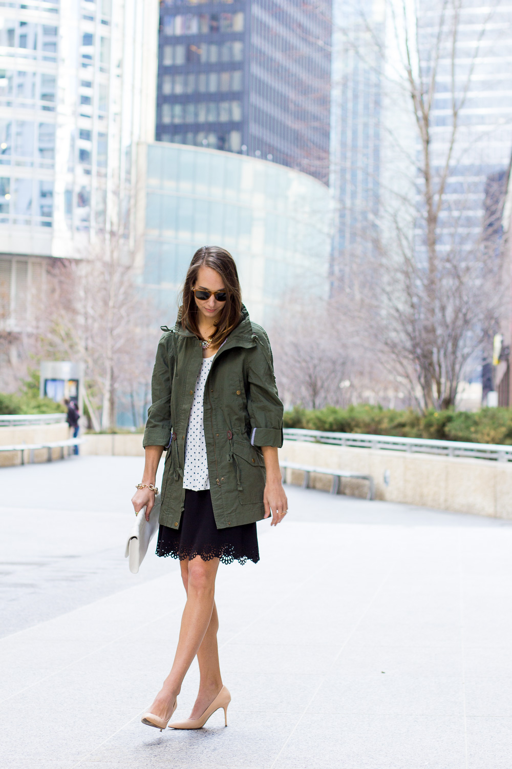 loft on michigan ave, anorak, statement necklace, lasercut skirt, spring outfit, the fox and she, blair staky