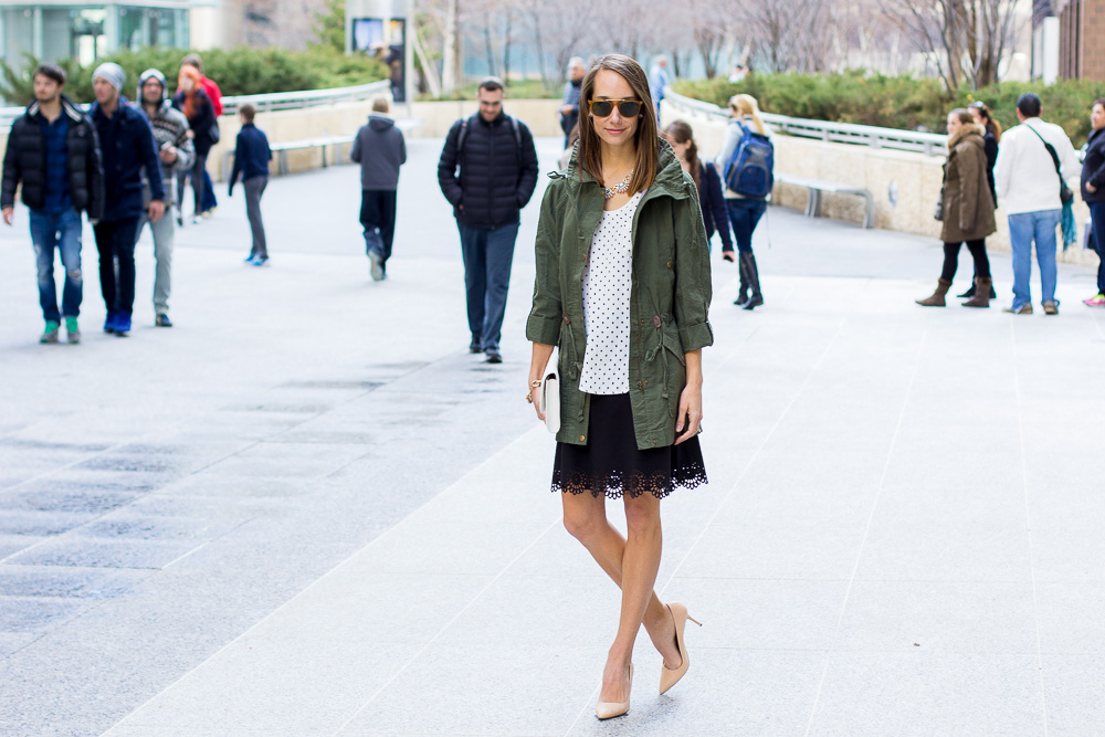 loft on michigan ave, anorak, statement necklace, lasercut skirt, spring outfit, the fox and she, blair staky