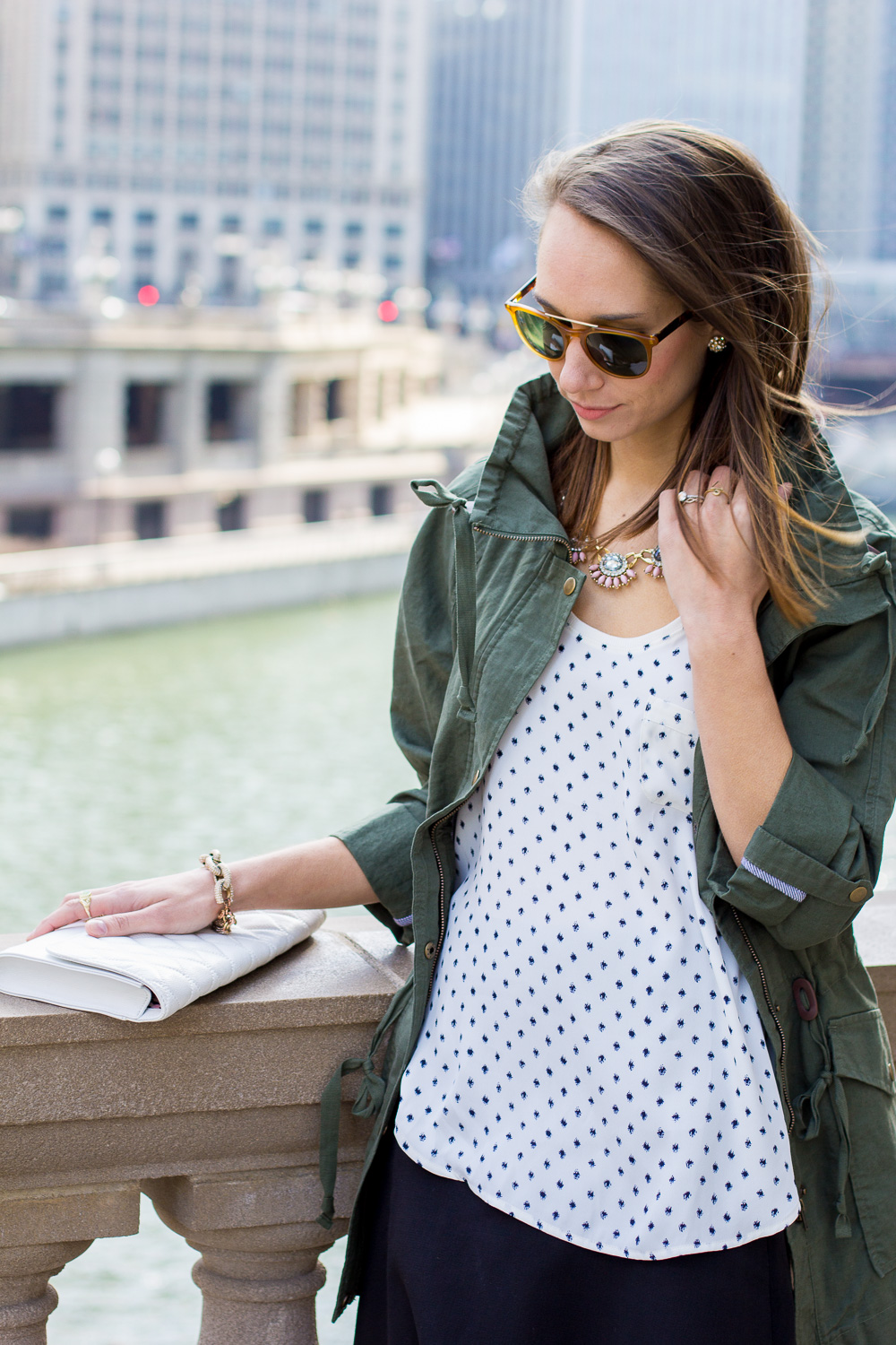 loft on michigan ave, anorak, statement necklace, lasercut skirt, spring outfit, the fox and she, blair staky