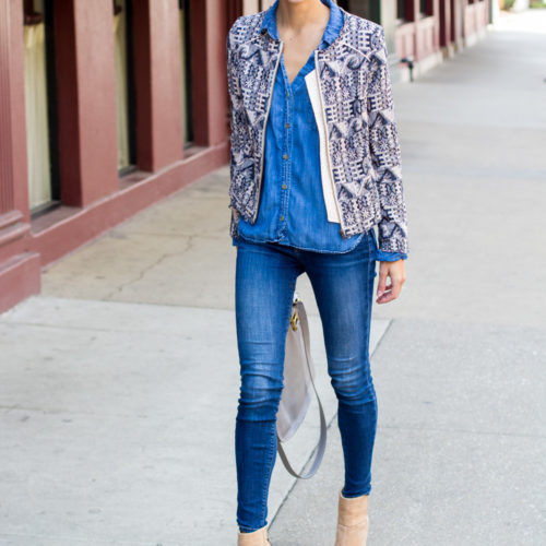 canadian tuxedo, denim on denim, chambray shirt, shibori jacket, blair staky, the fox and she