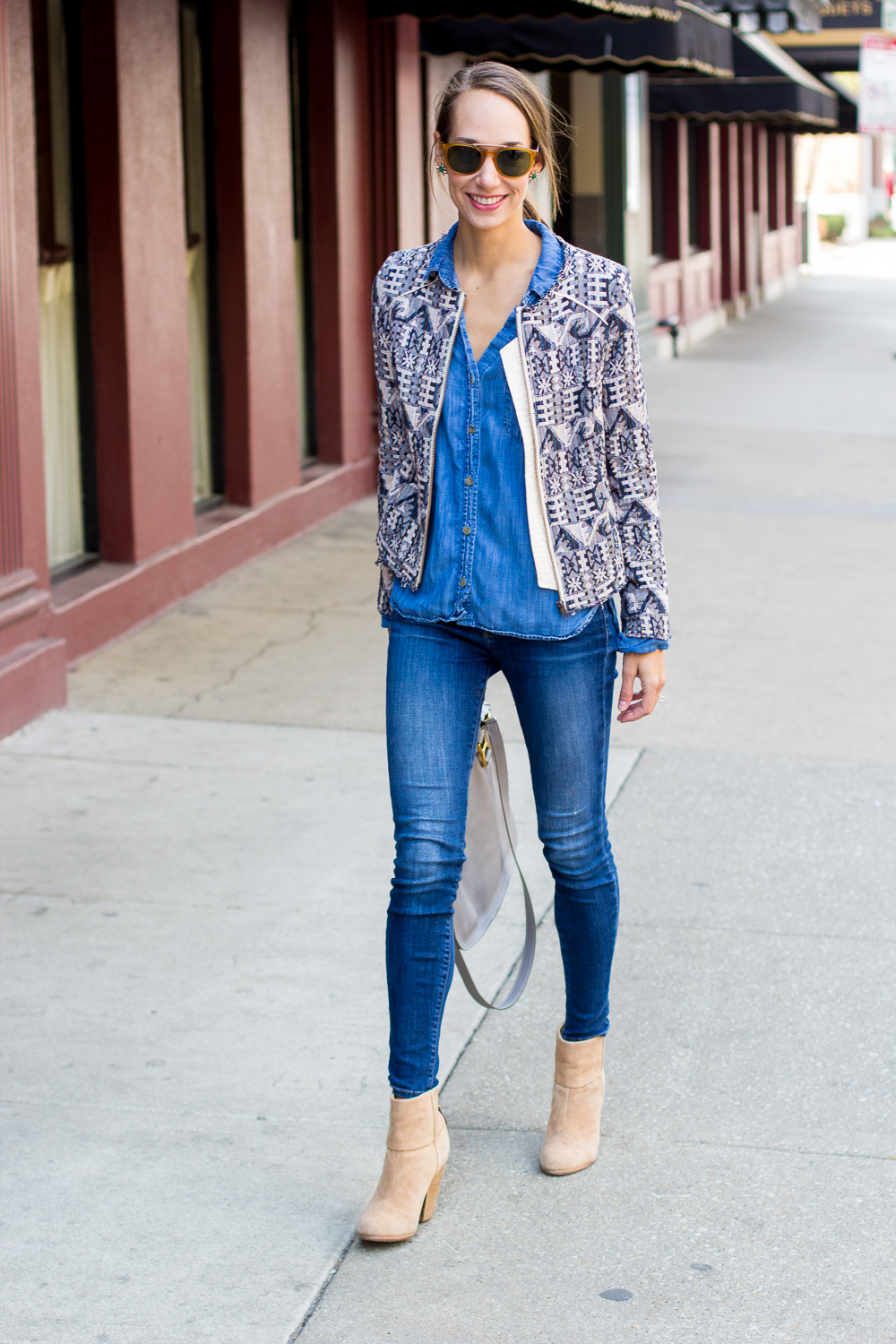 canadian tuxedo, denim on denim, chambray shirt, shibori jacket, blair staky, the fox and she