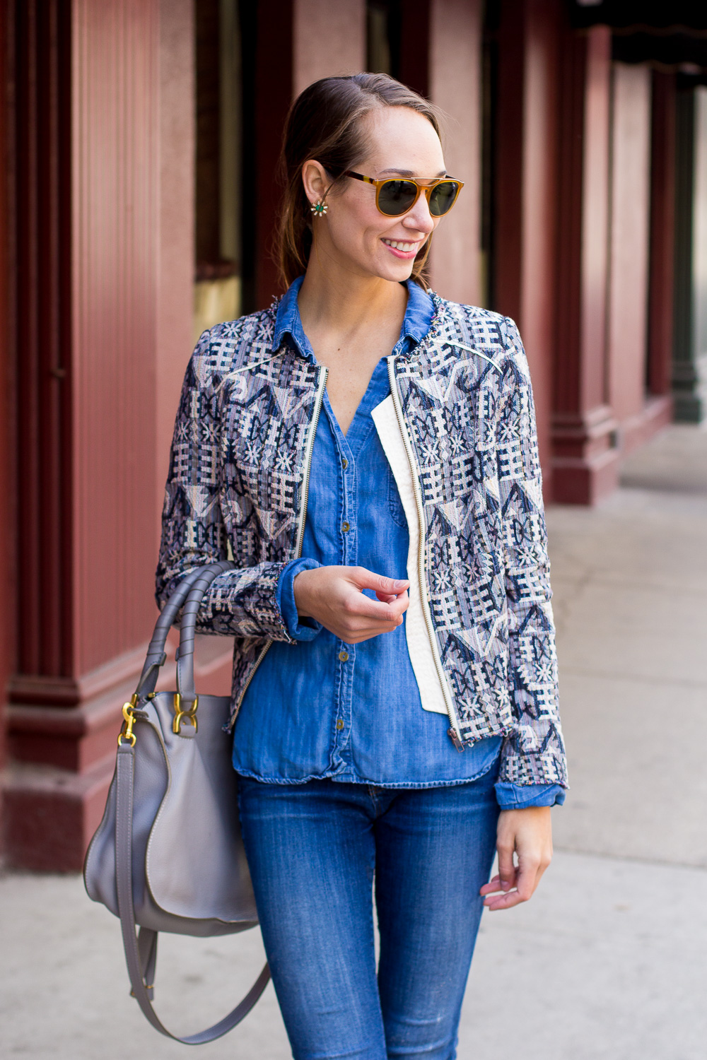 canadian tuxedo, denim on denim, chambray shirt, shibori jacket, blair staky, the fox and she