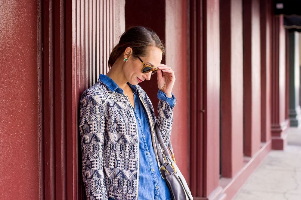 canadian tuxedo, denim on denim, chambray shirt, shibori jacket, blair staky, the fox and she