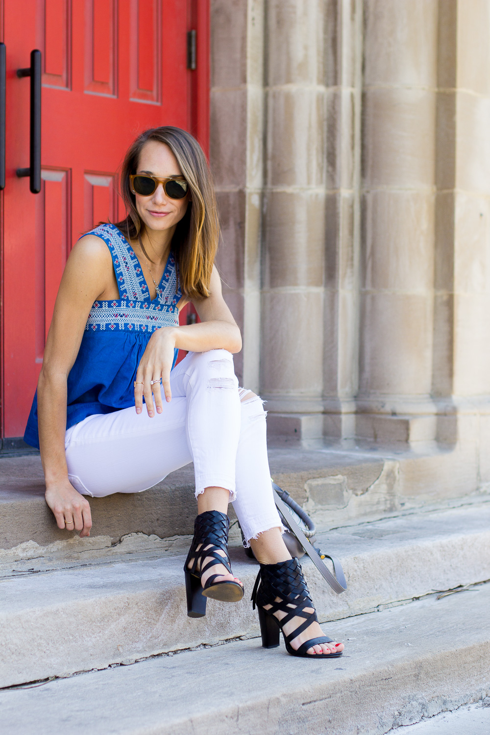 embroidered top, madewell top, ripped white jeans, white ankle jeans, the fox and she, blair staky