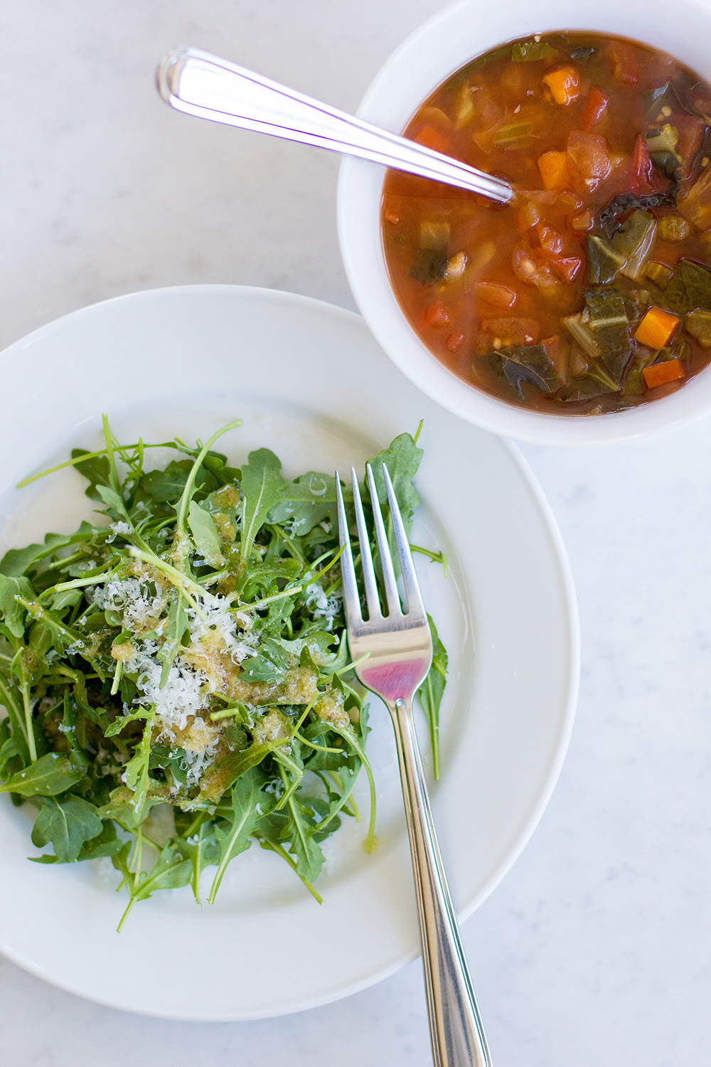 arugula salad and vegetable soup @TheFoxandShe