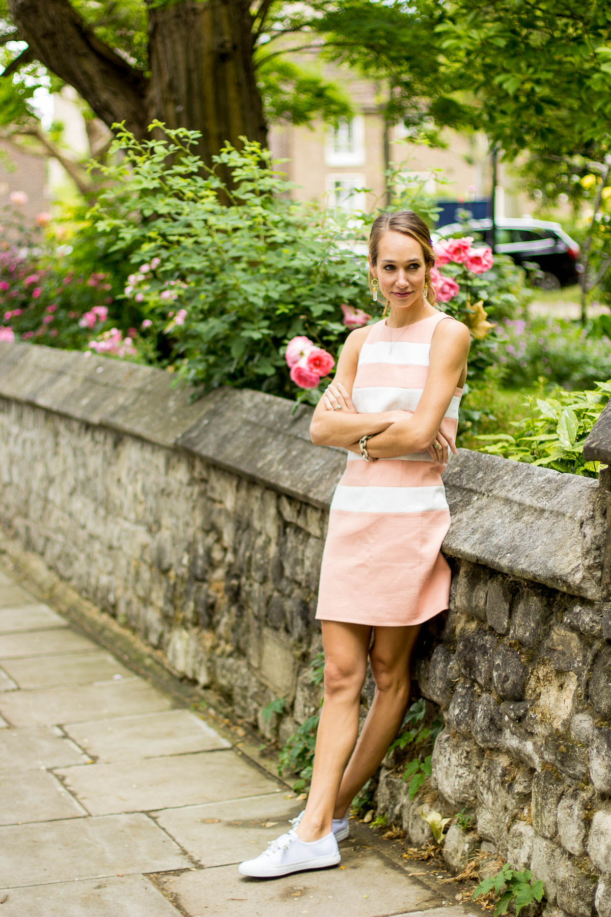 striped dress and white sperry sneakers — via @TheFoxandShe