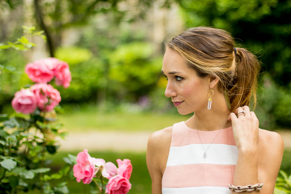 coral and white striped dress — via @TheFoxandShe